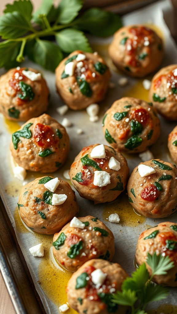 Delicious sausage balls with spinach and feta cheese, garnished with herbs.