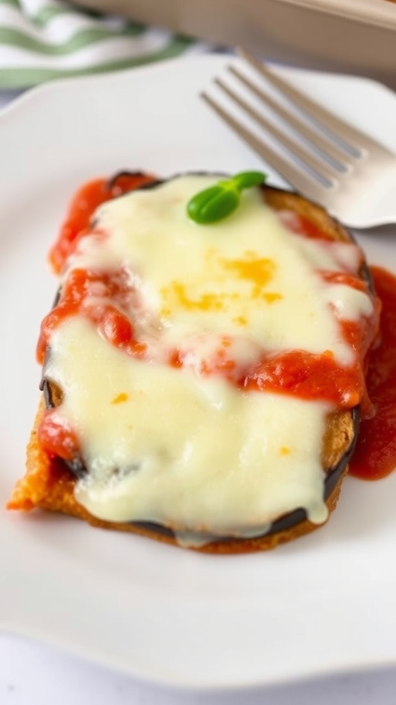 A plate of baked eggplant parmesan topped with melted cheese and marinara sauce.
