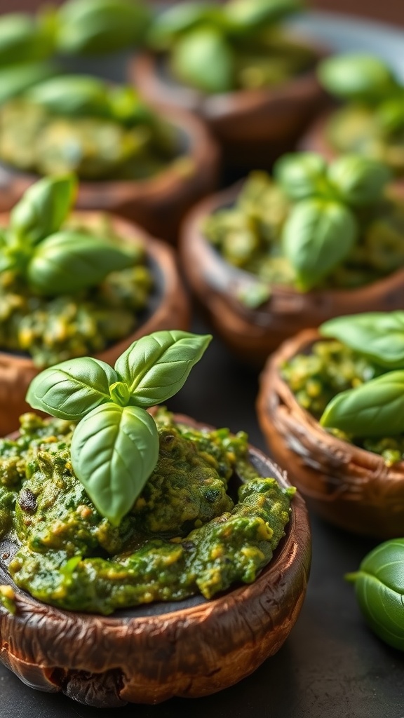 Portobello mushrooms filled with basil pesto, garnished with fresh basil leaves.