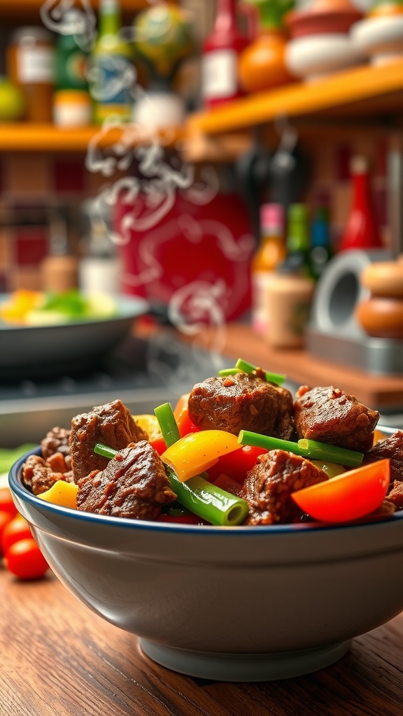 A bowl of BBQ beef and vegetable stir-fry with colorful vegetables and tender beef pieces.