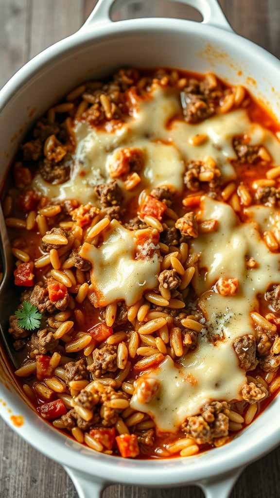 Savory Beef and Rice Casserole with melted cheese