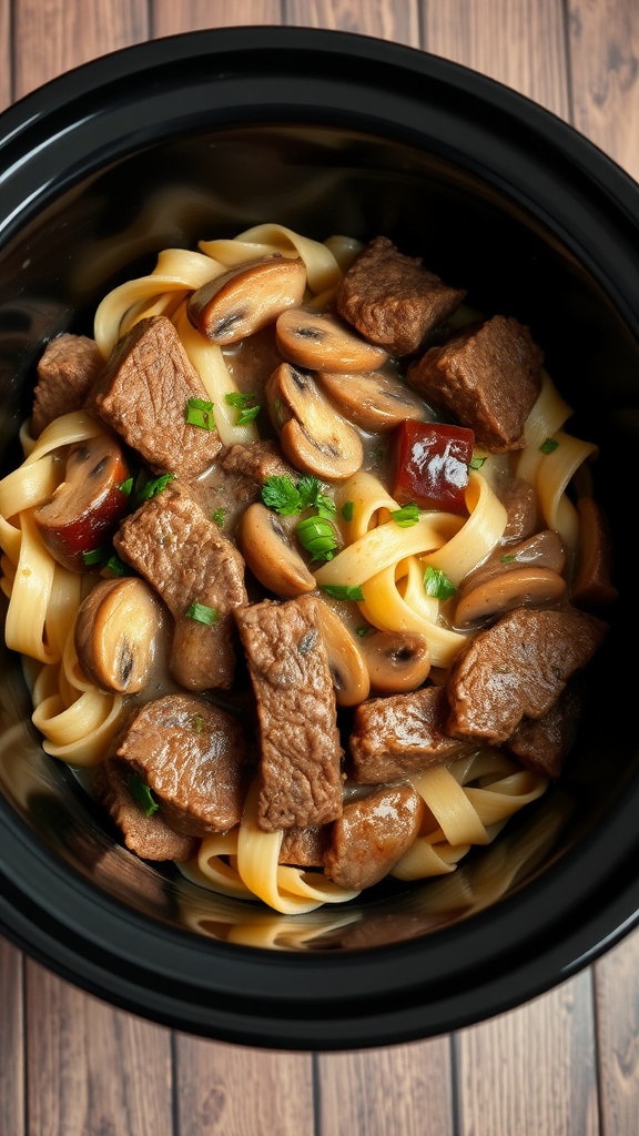 A bowl of beef stroganoff with egg noodles and mushrooms.