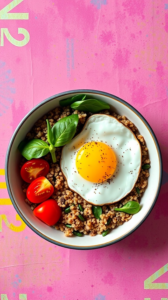 A bowl filled with quinoa, a fried egg, cherry tomatoes, and fresh greens.
