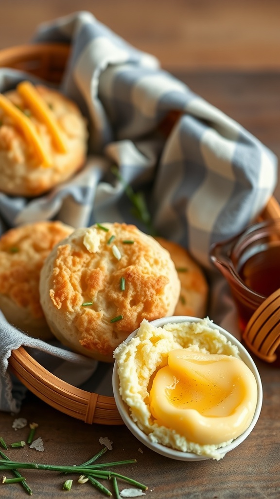 Basket of savory cheddar and chive biscuits with a side of butter