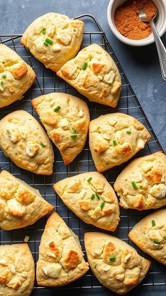 Savory cheddar and chive scones on a wire rack