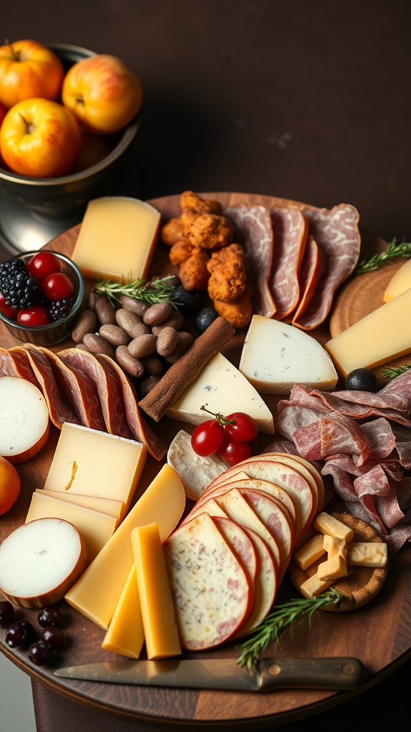 A beautifully arranged cheese and charcuterie board with a variety of cheeses, cured meats, fruits, and nuts.