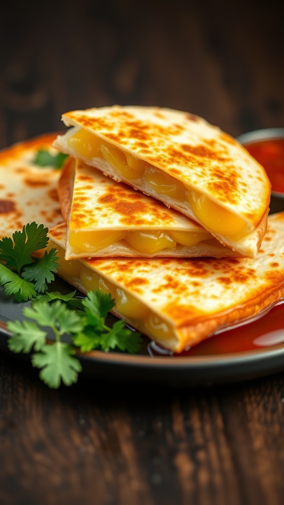 A plate of crispy cheese quesadillas served with salsa and garnished with fresh cilantro.