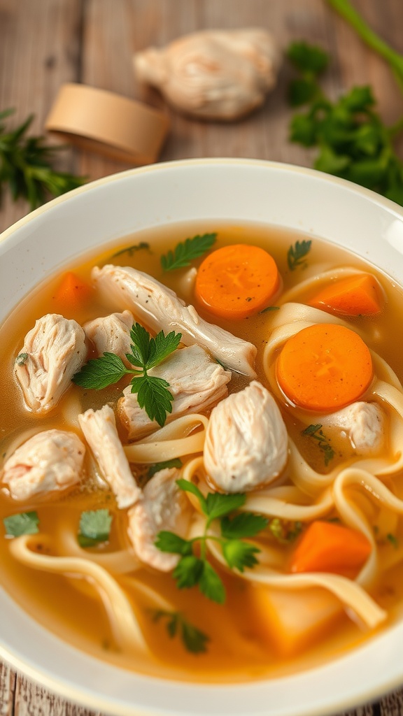 A comforting bowl of chicken noodle soup with vegetables and noodles.