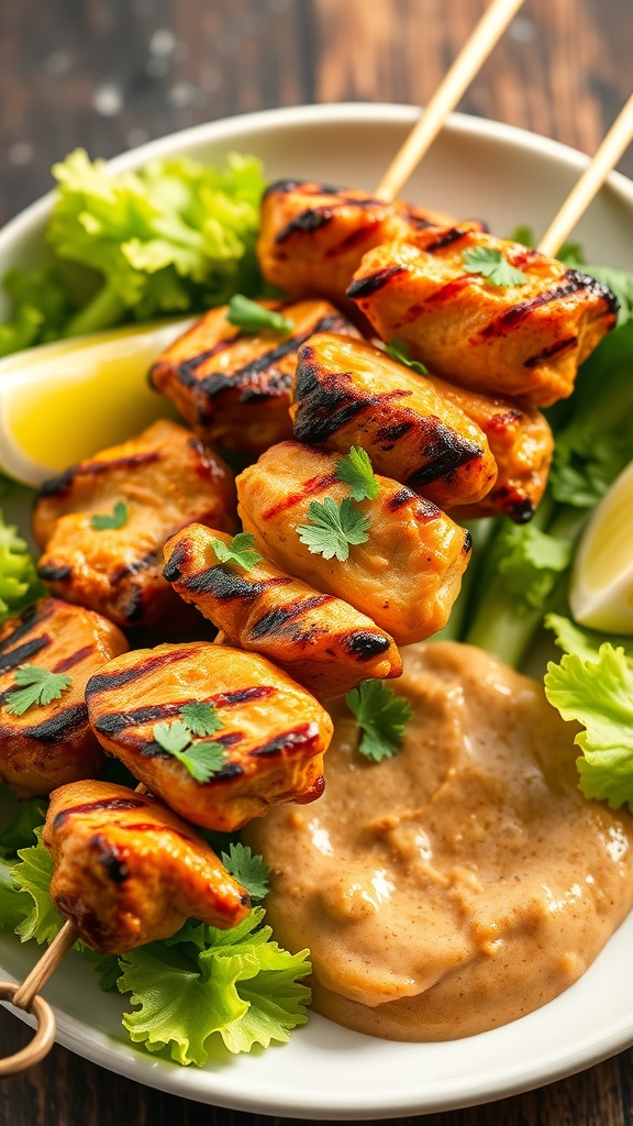 A plate of grilled chicken satay skewers with peanut sauce and garnished with greens.