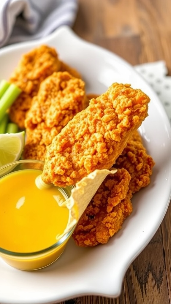 Plate of chicken tenders with a small bowl of honey mustard sauce