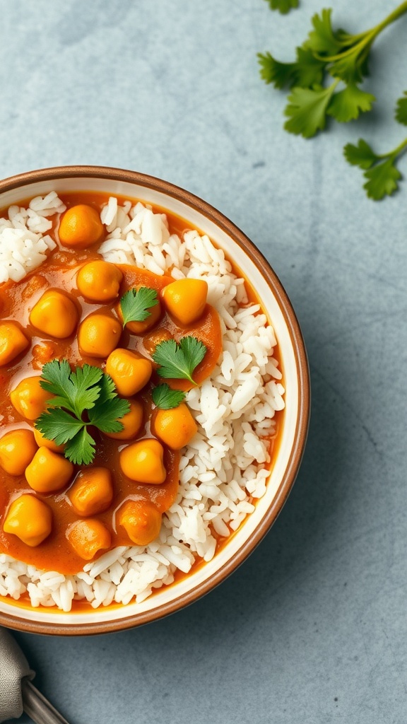 A bowl of chickpea curry served over rice, garnished with cilantro.