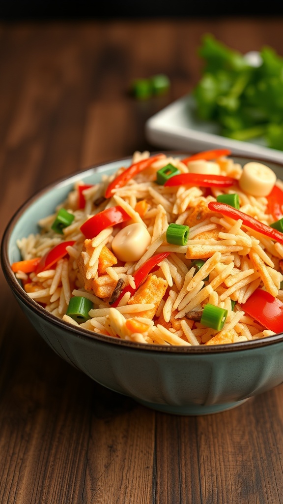 A bowl of savory fried rice with colorful vegetables.