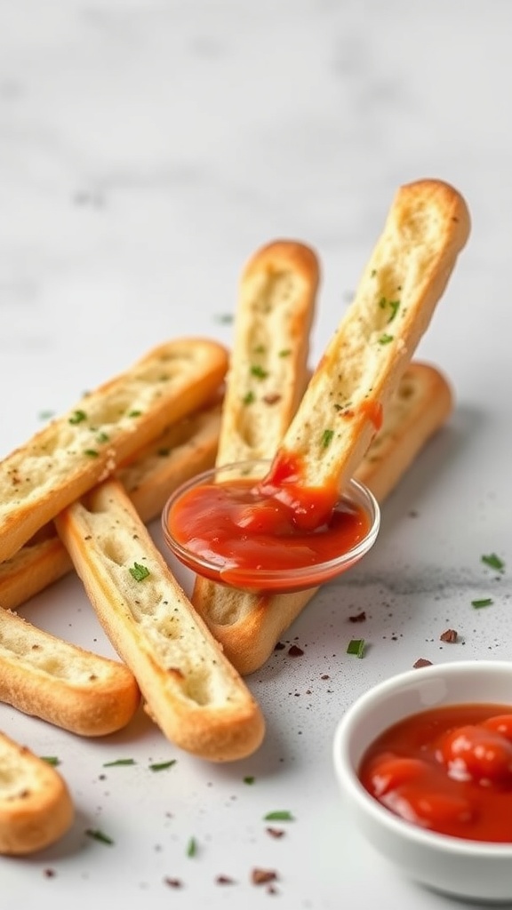 Savory garlic breadsticks with dipping sauce.