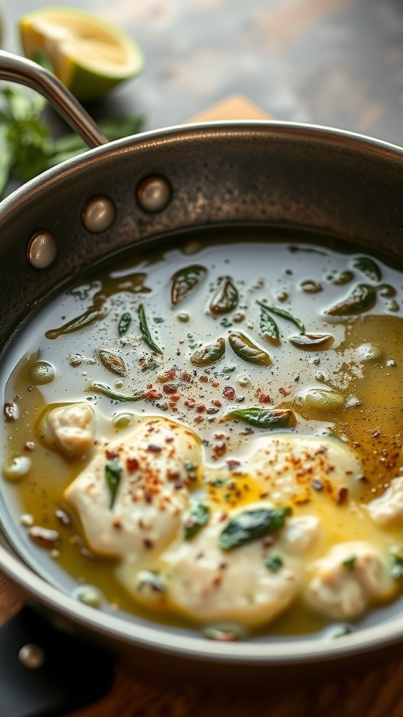 A pot of garlic butter sauce with herbs and spices, ready for cooking.