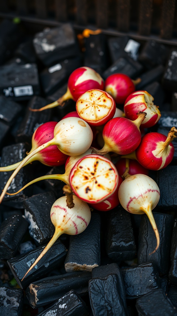 Grilled radishes on charcoal