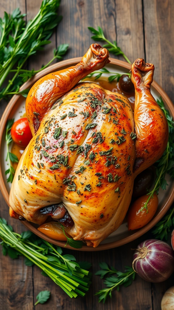 A succulent herb-crusted roast chicken with fresh herbs and aromatic vegetables