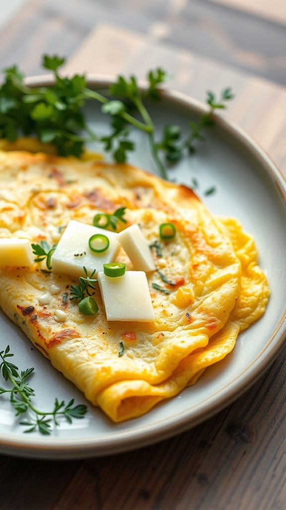 A delicious savory herb omelette topped with cheese and fresh herbs.