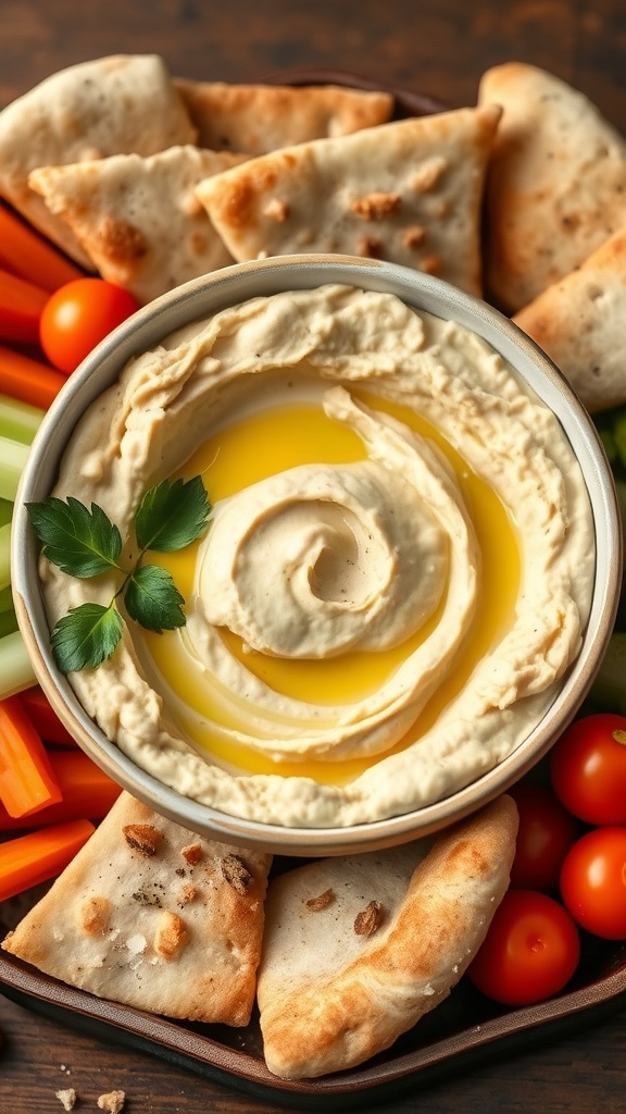 Savory hummus with olive oil, served with sliced vegetables and pita bread.