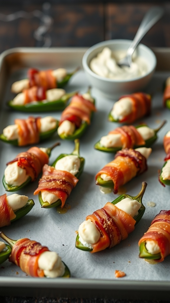 A plate of jalapeño poppers wrapped in bacon with a creamy filling.