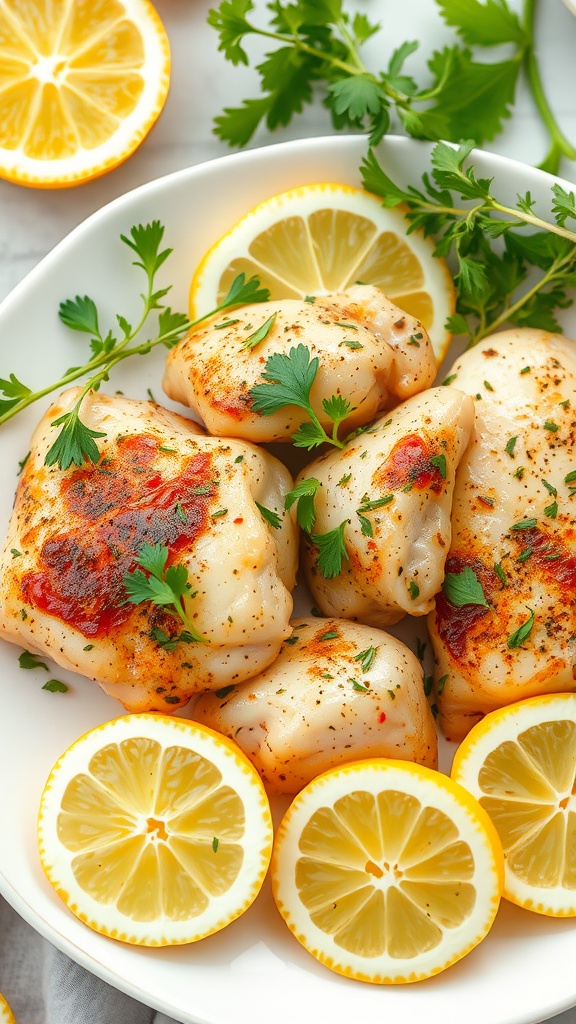 Savory lemon herb chicken thighs with fresh herbs and lemon slices.