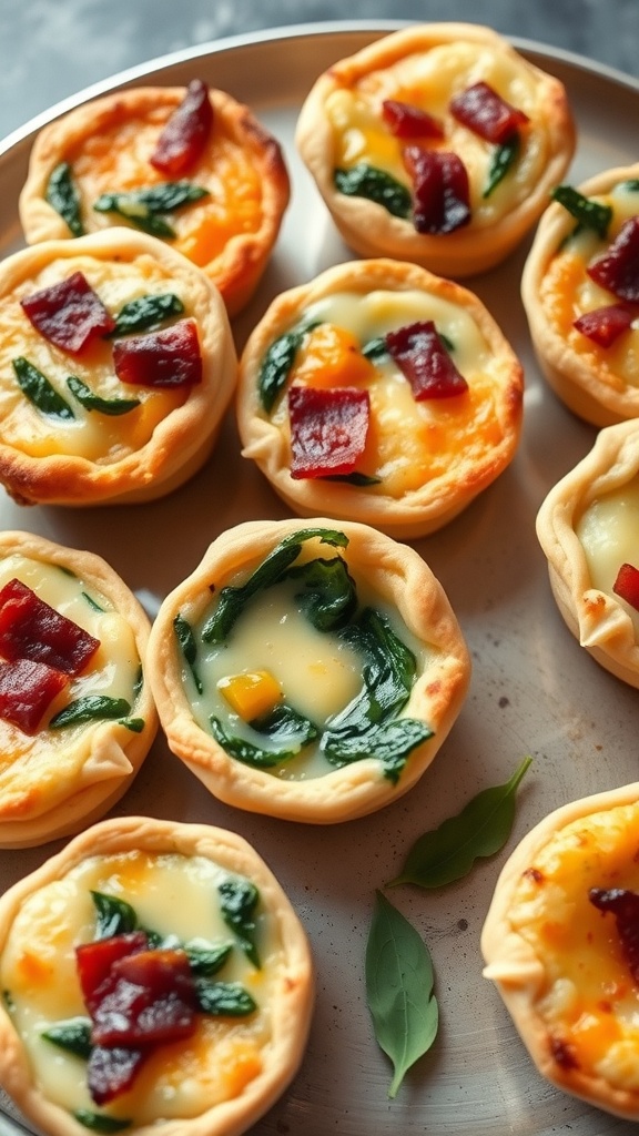 A plate of savory mini quiches filled with vegetables and meats.