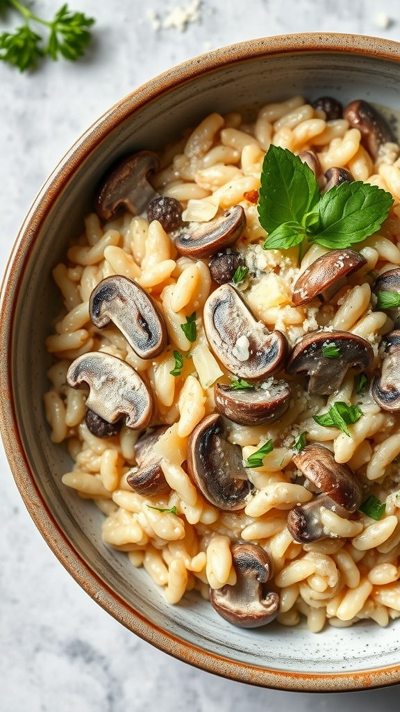 A bowl of creamy mushroom risotto garnished with mushrooms and parsley.