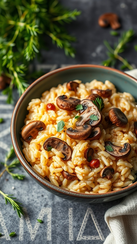 A bowl of mushroom risotto topped with sautéed mushrooms and garnished with herbs.