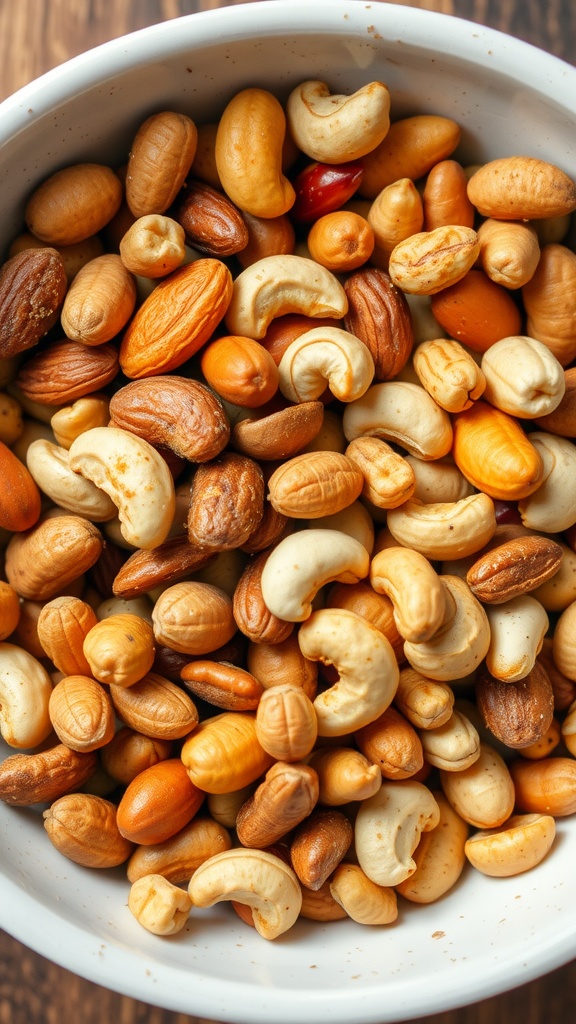 A bowl of mixed nuts including almonds, cashews, pecans, and peanuts