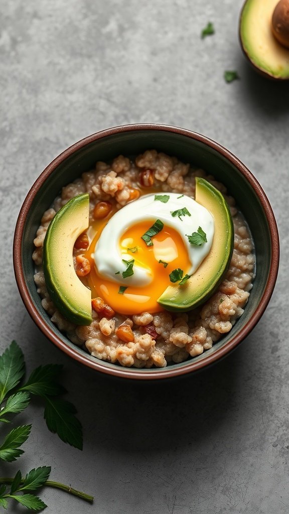 A bowl of savory oatmeal topped with avocado and a poached egg
