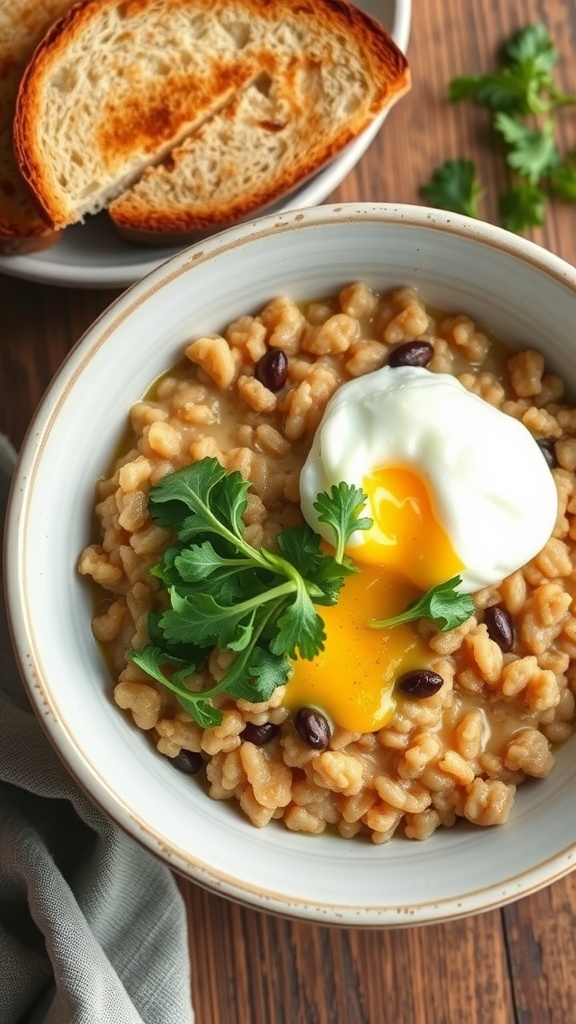 A bowl of savory oatmeal topped with a poached egg and fresh herbs, served with slices of bread.