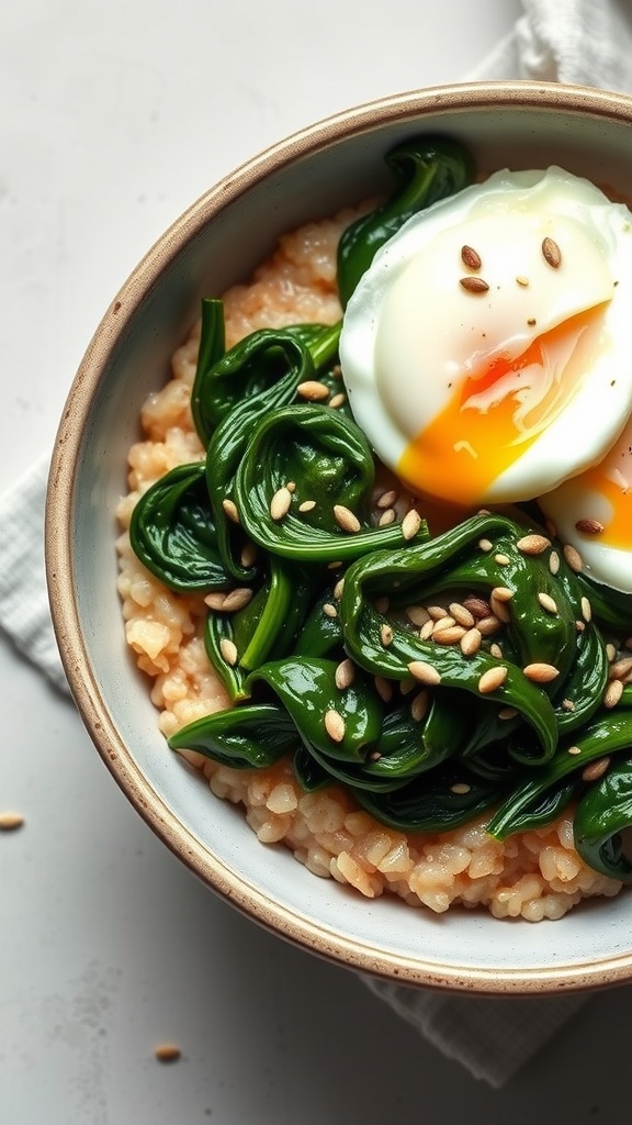 A bowl of savory oatmeal topped with spinach and a poached egg.
