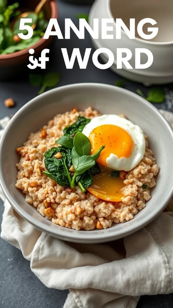 A bowl of savory oatmeal topped with spinach and a cooked egg