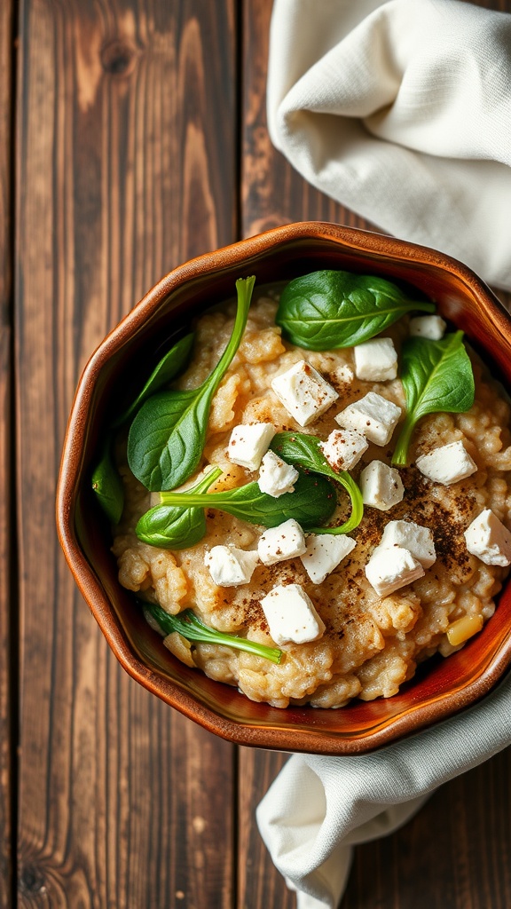 A bowl of savory oatmeal topped with fresh spinach and crumbled feta cheese.