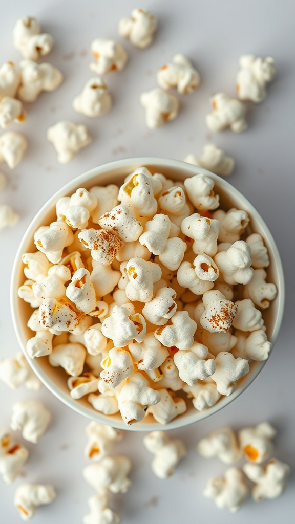 A bowl of freshly popped savory popcorn seasoned with spices.