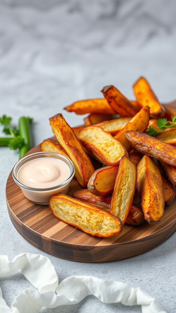 Crispy potato wedges served with dipping sauce