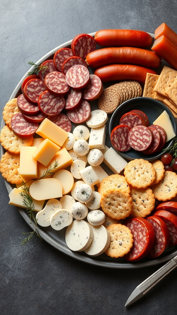 A beautifully arranged savory sausage and cheese platter with various meats, cheeses, and crackers.