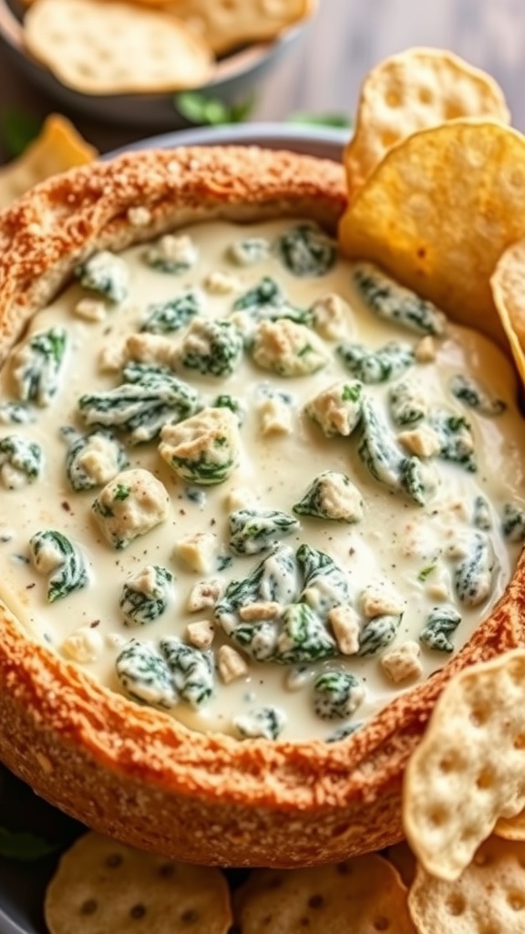 A delicious bowl of spinach and artichoke dip served with crispy chips.