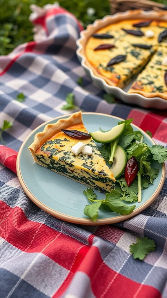 Slice of spinach and feta quiche on a plate with salad