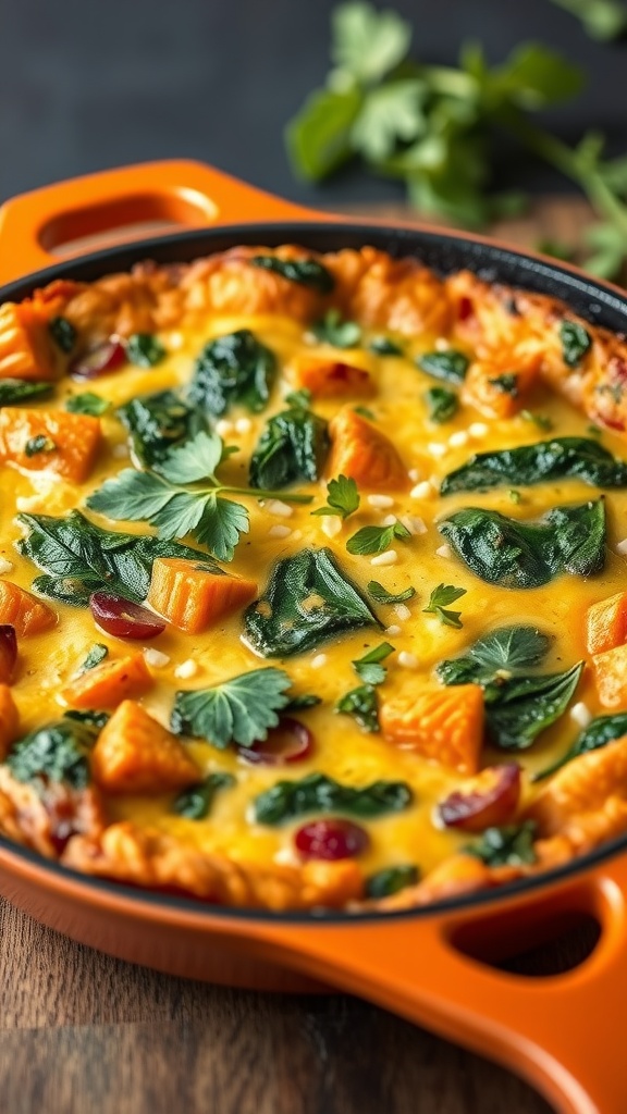 Savory sweet potato and spinach frittata, a colorful dish with diced sweet potatoes and spinach.