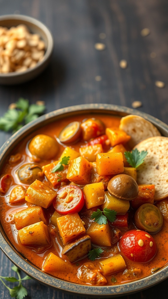 A bowl of savory vegetable curry with chunks of colorful vegetables and herbs.
