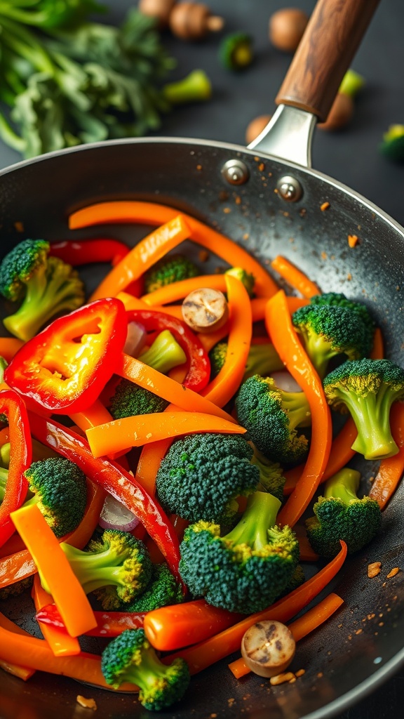 A colorful vegetable stir-fry with broccoli, bell peppers, and carrots in a skillet.