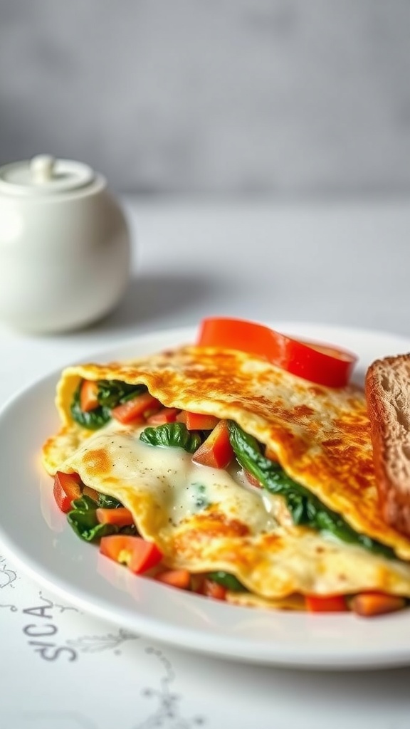 A savory veggie omelette with spinach, bell peppers, and cheese, served with a slice of bread.
