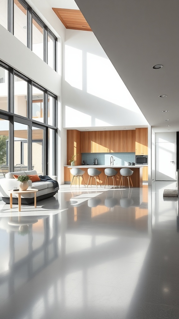 A modern Scandinavian interior featuring an open space with epoxy floors, large windows, and sleek furniture, showcasing minimalistic design.