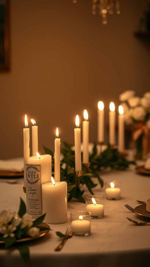 A beautifully arranged dining table with elegant scented candles creating a romantic atmosphere for Valentine's Day.