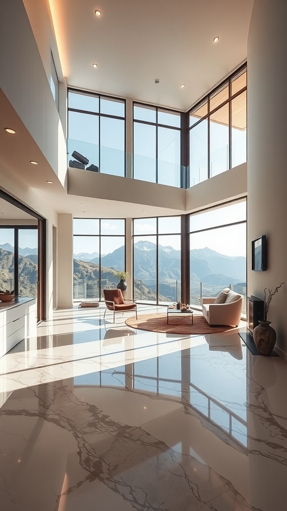 A modern living space with sculptural epoxy flooring and large windows showcasing a hillside view.