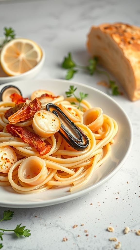 A delicious plate of Seafood Carbonara featuring pasta, seafood, and a creamy sauce.