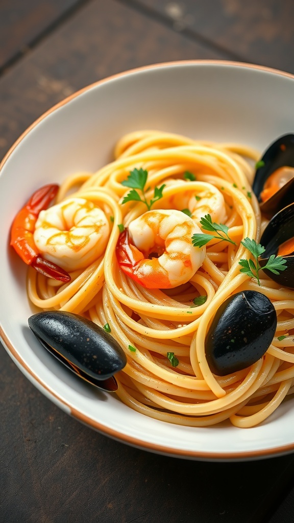 A bowl of seafood linguine with shrimp and mussels garnished with parsley.