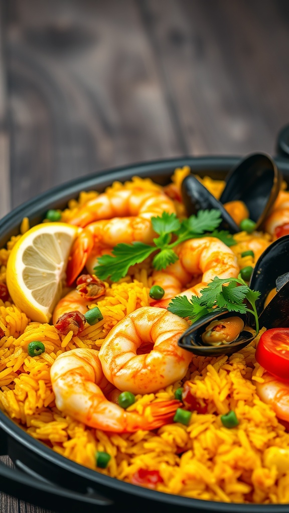 Delicious seafood paella with shrimp and saffron rice