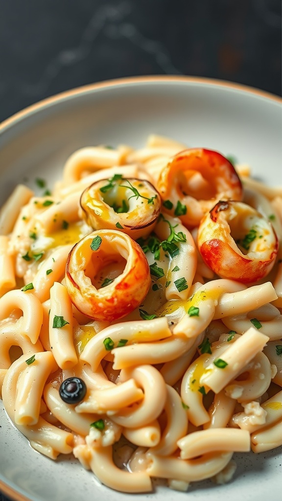 A creamy plate of seafood risotto with shrimp and scallops garnished with parsley.