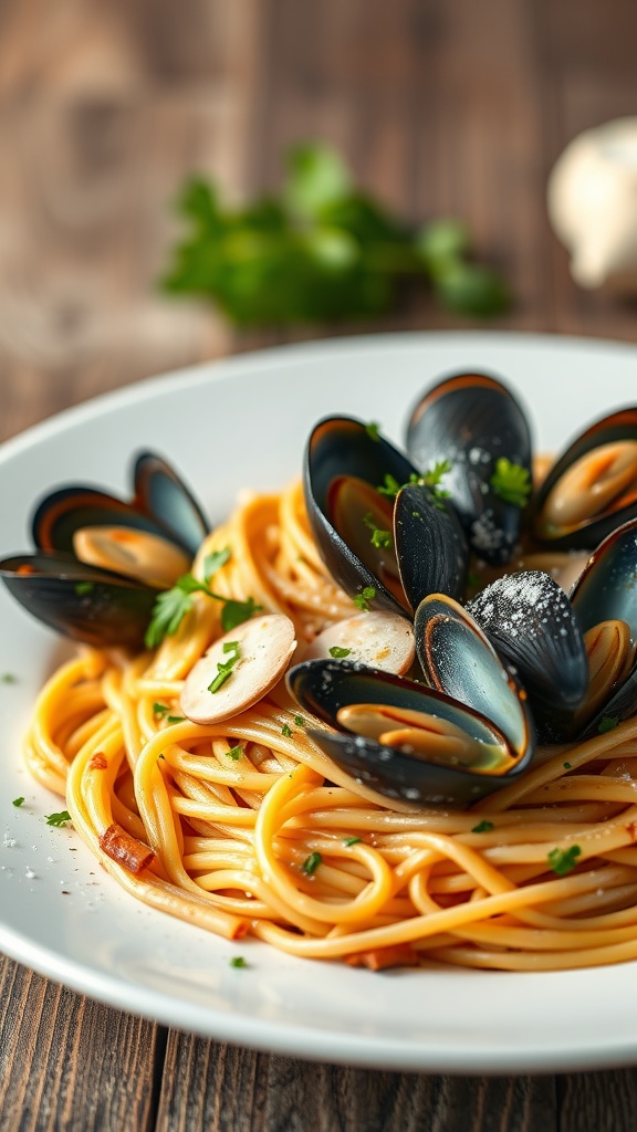 Delicious seafood spaghetti with clams and mussels garnished with parsley.